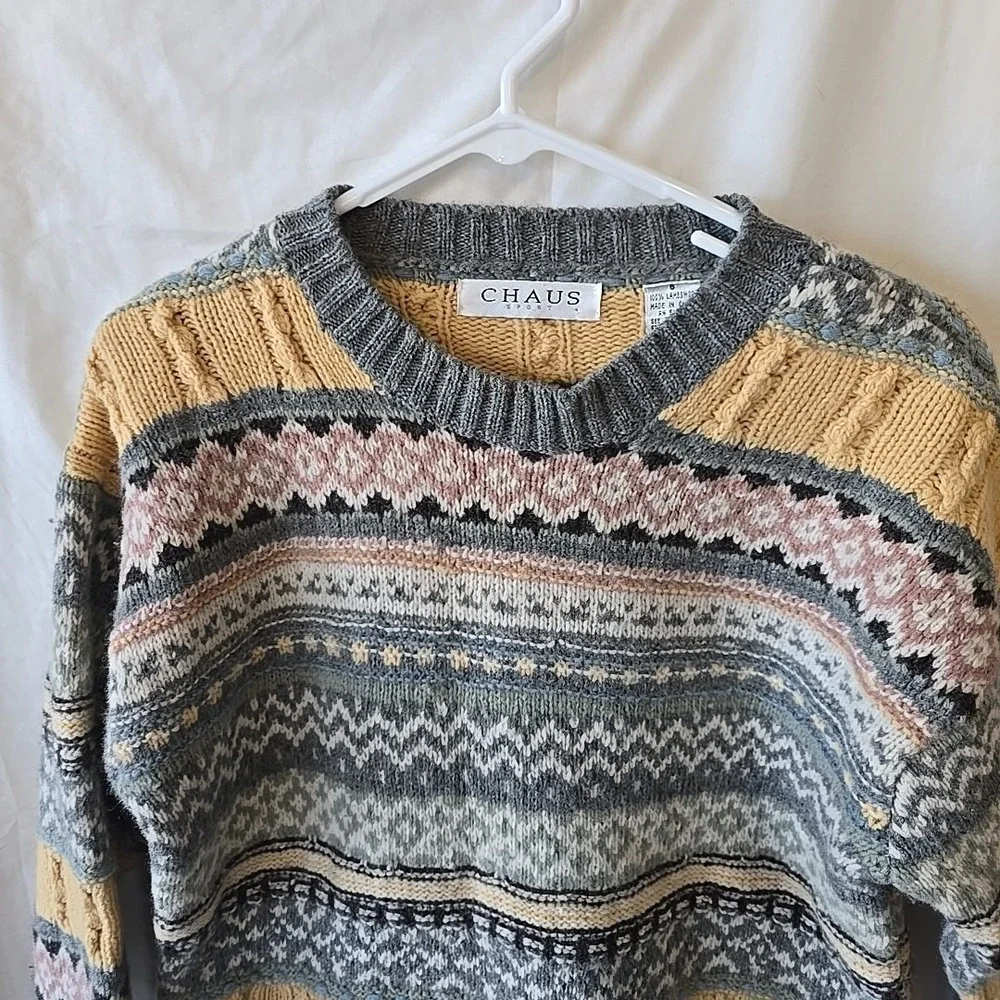 CHAUS Sport Womens S 100% Lambswool Pink Gray Yellow Stripe‎ Pullover Sweater